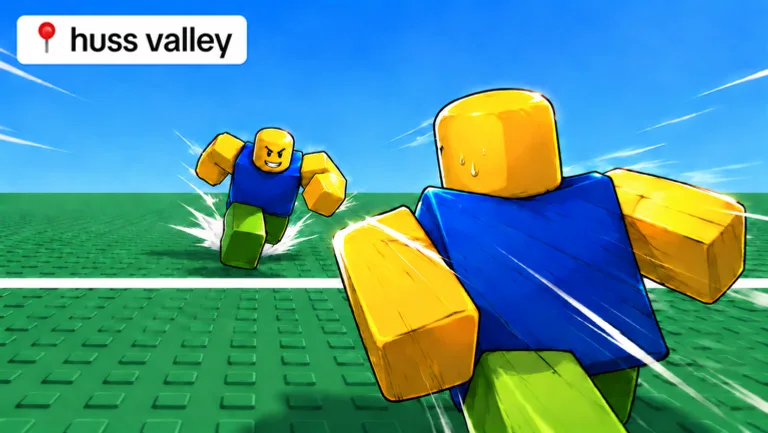 Official Huss Valley artwork: yellow characters crossing green terrain under a blue sky